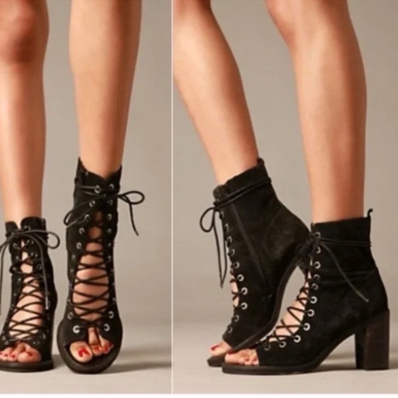 Jeffrey Campbell Cors Lace Up Suede Booties Womens 7 Black Block Heel Boho Witch - Picture 11 of 11